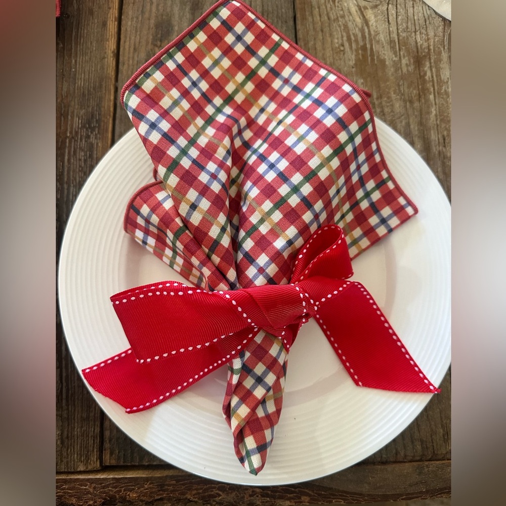 Longaberger Red Green Blue Plaid Cotton Napkin Set 6 ( new) 100%cotton
